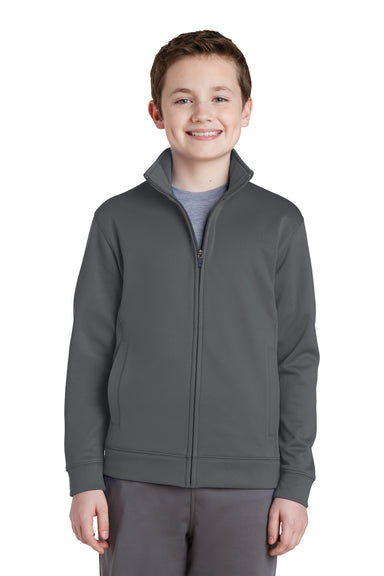 Sport-Tek YST241 Youth Sport-Wick Moisture Wicking Fleece Full Zip Sweatshirt Dark Smoke Grey Model Front