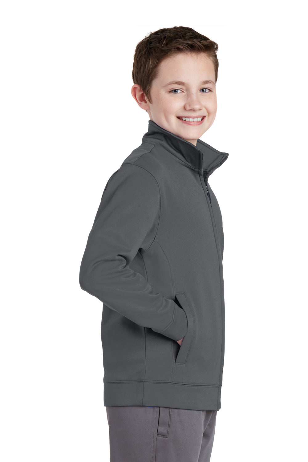 Sport-Tek YST241 Youth Sport-Wick Moisture Wicking Fleece Full Zip Sweatshirt Dark Smoke Grey Model Side