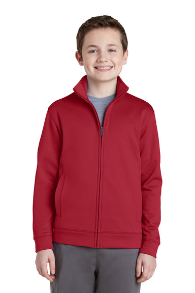 Sport-Tek YST241 Youth Sport-Wick Moisture Wicking Fleece Full Zip Sweatshirt Deep Red Model Front