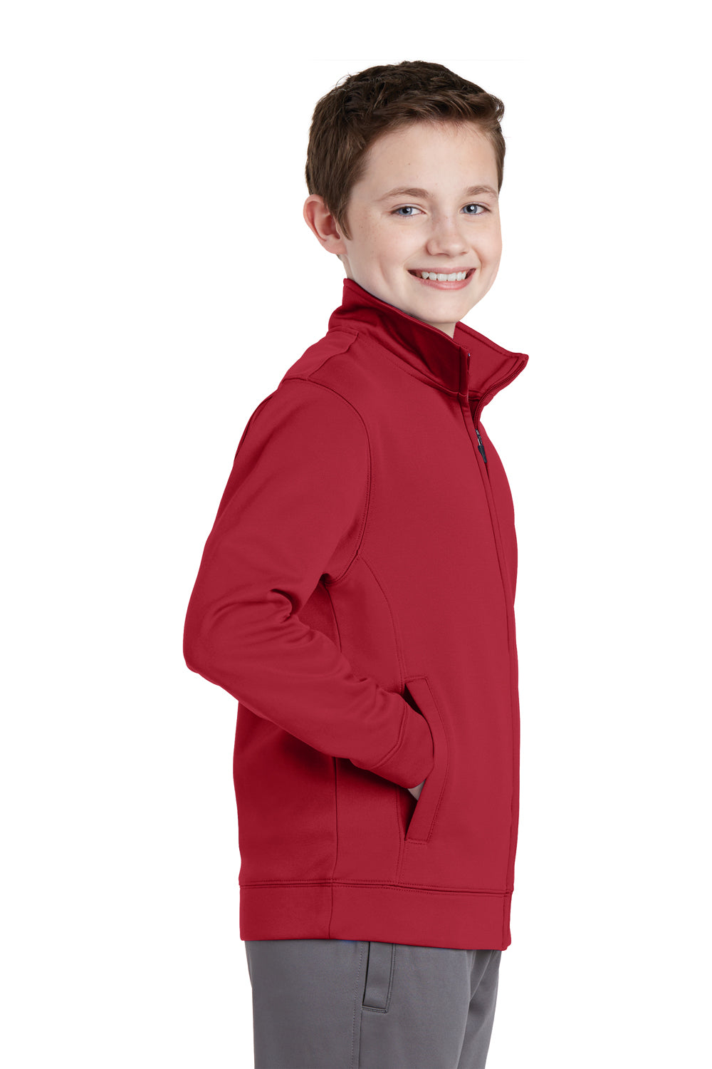 Sport-Tek YST241 Youth Sport-Wick Moisture Wicking Fleece Full Zip Sweatshirt Deep Red Model Side