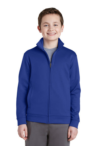 Sport-Tek YST241 Youth Sport-Wick Moisture Wicking Fleece Full Zip Sweatshirt True Royal Blue Model Front