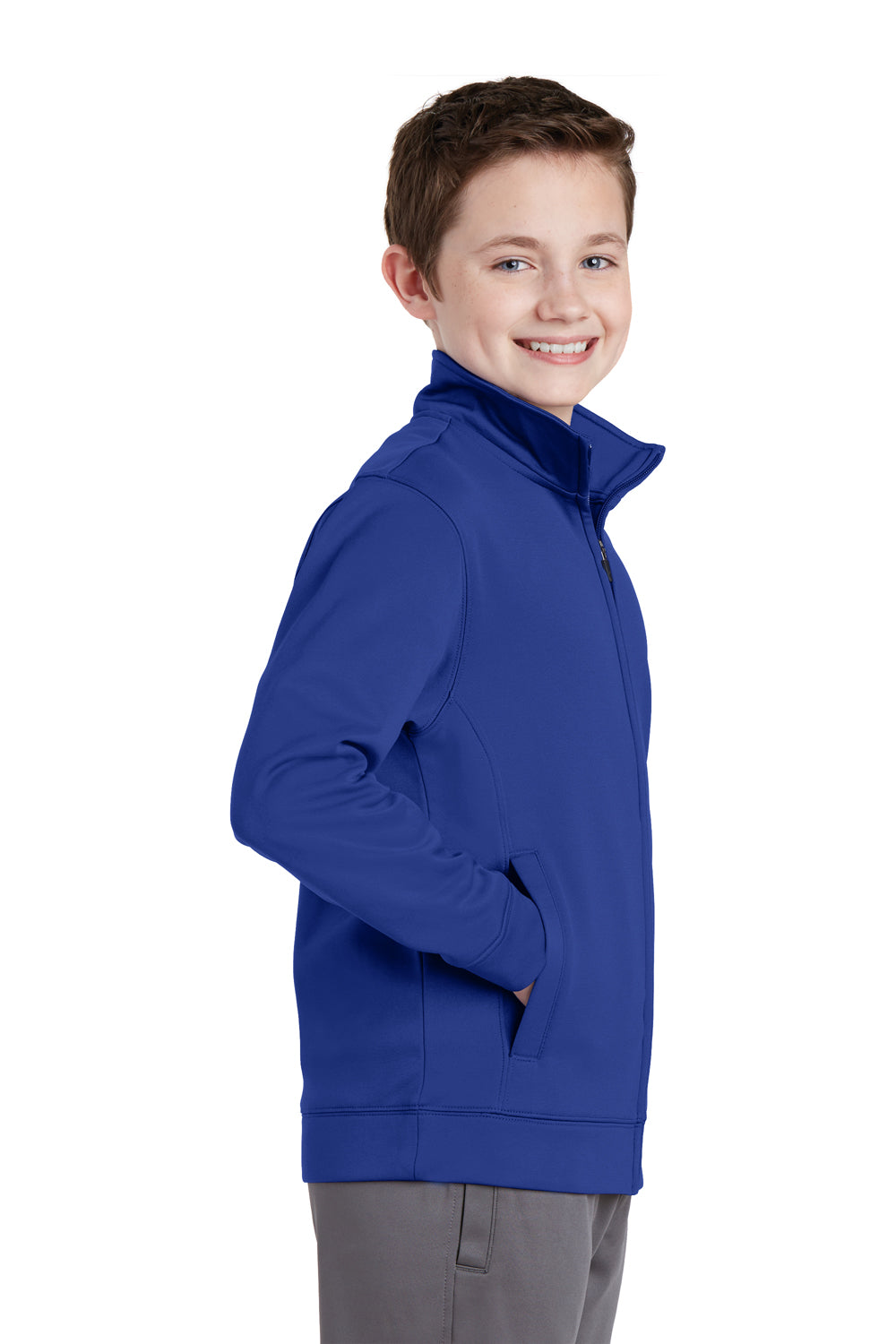 Sport-Tek YST241 Youth Sport-Wick Moisture Wicking Fleece Full Zip Sweatshirt True Royal Blue Model Side