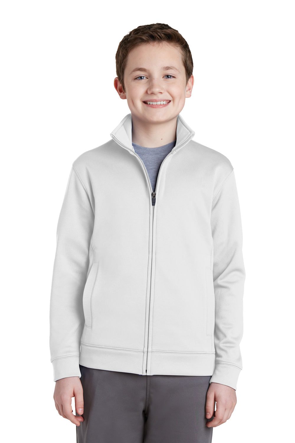 Sport-Tek YST241 Youth Sport-Wick Moisture Wicking Fleece Full Zip Sweatshirt White Model Front