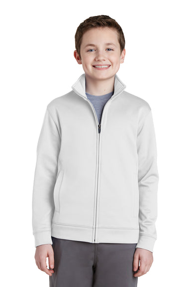 Sport-Tek YST241 Youth Sport-Wick Moisture Wicking Fleece Full Zip Sweatshirt White Model Front