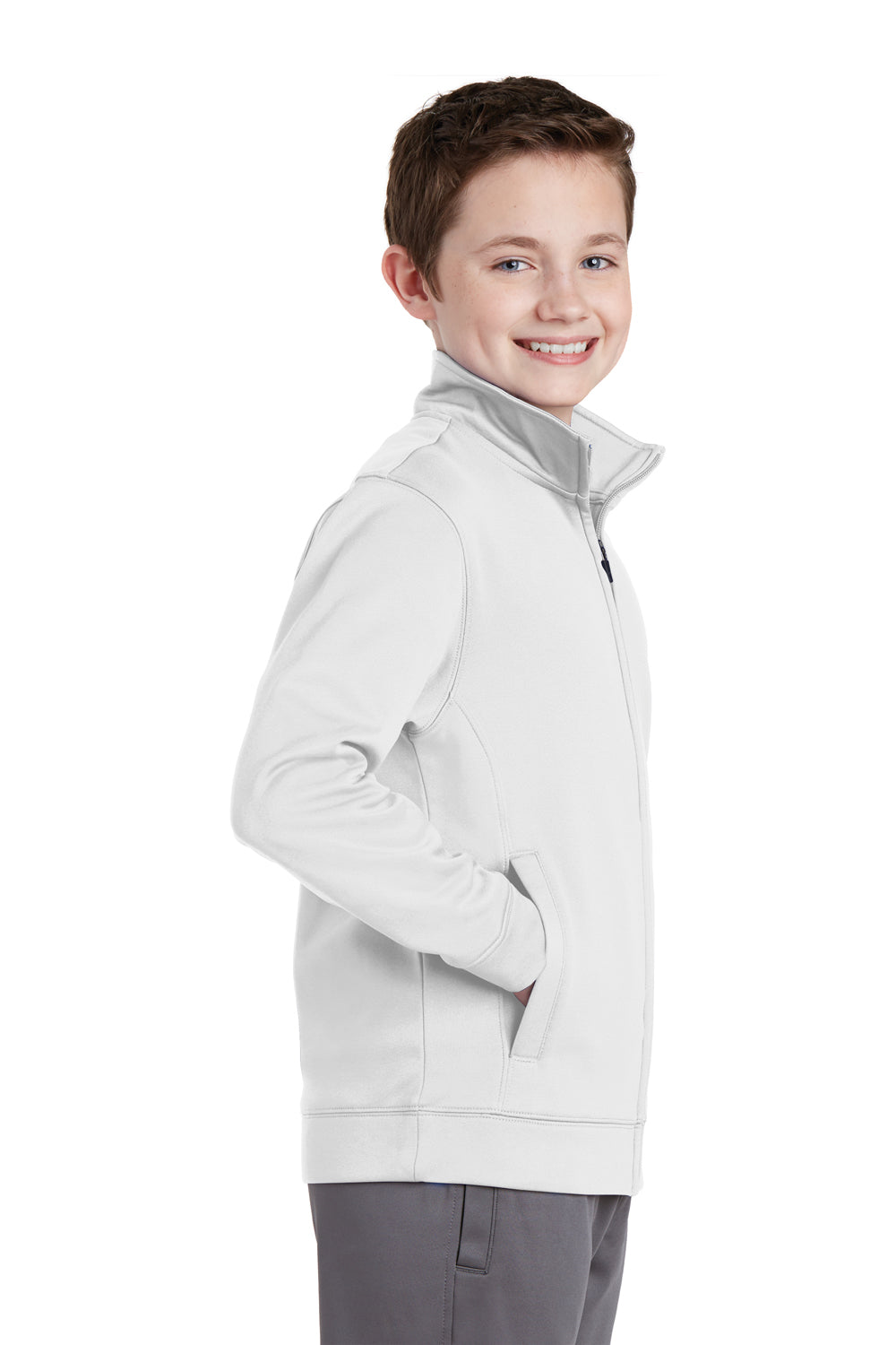 Sport-Tek YST241 Youth Sport-Wick Moisture Wicking Fleece Full Zip Sweatshirt White Model Side