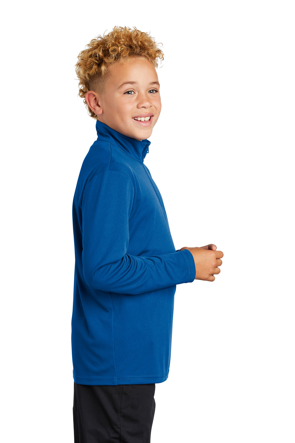 Sport-Tek YST357 Youth Competitor Moisture Wicking 1/4 Zip Sweatshirt True Royal Blue Model Side