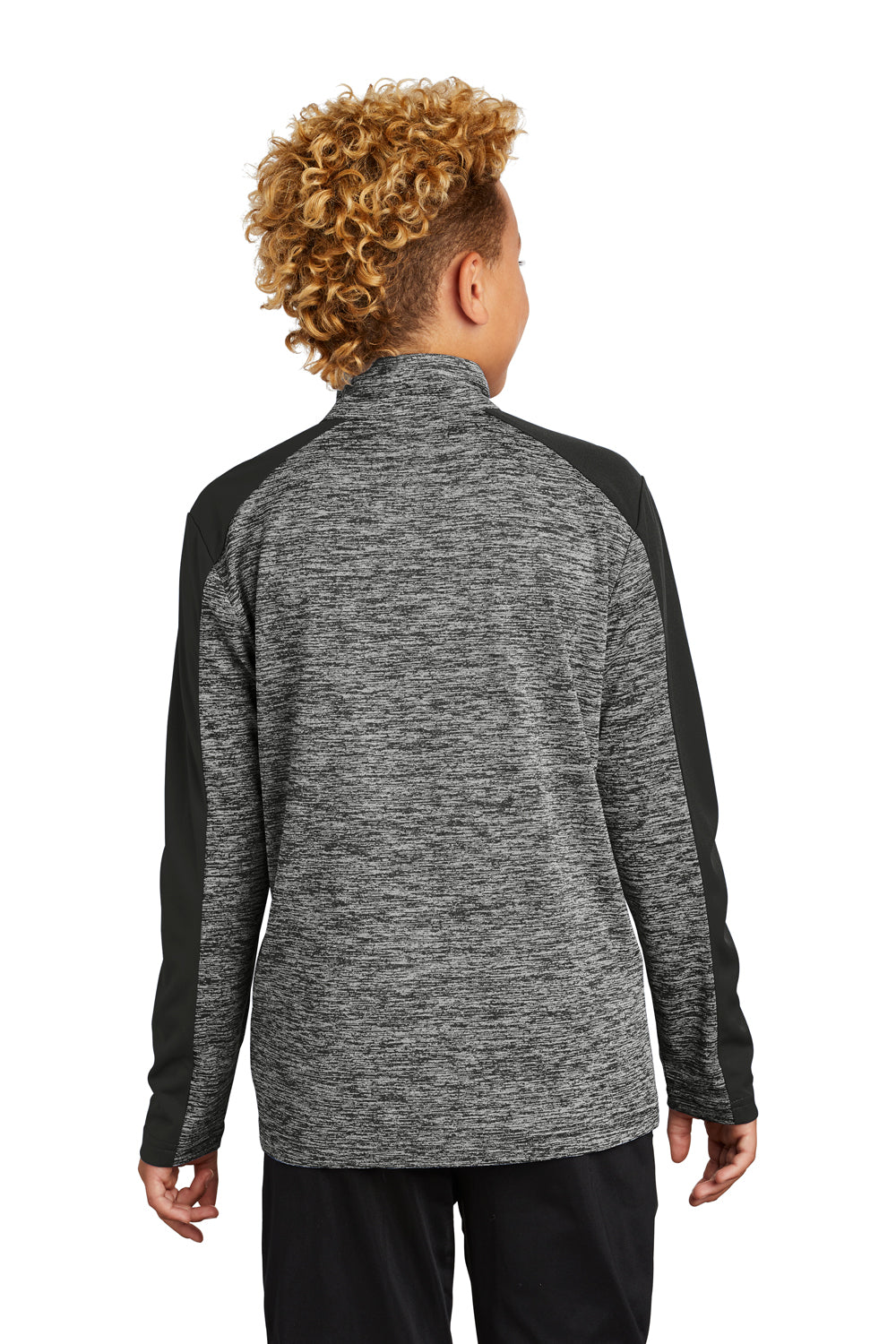 Sport-Tek YST397 Youth Electric Heather Moisture Wicking 1/4 Zip Sweatshirt Black Electric/Black Model Back