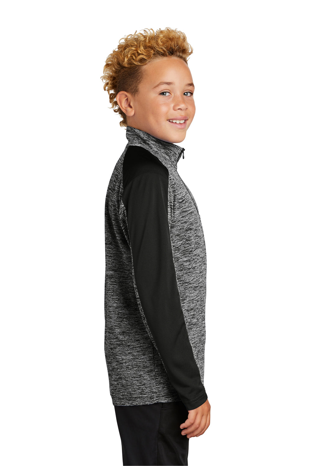 Sport-Tek YST397 Youth Electric Heather Moisture Wicking 1/4 Zip Sweatshirt Black Electric/Black Model Side