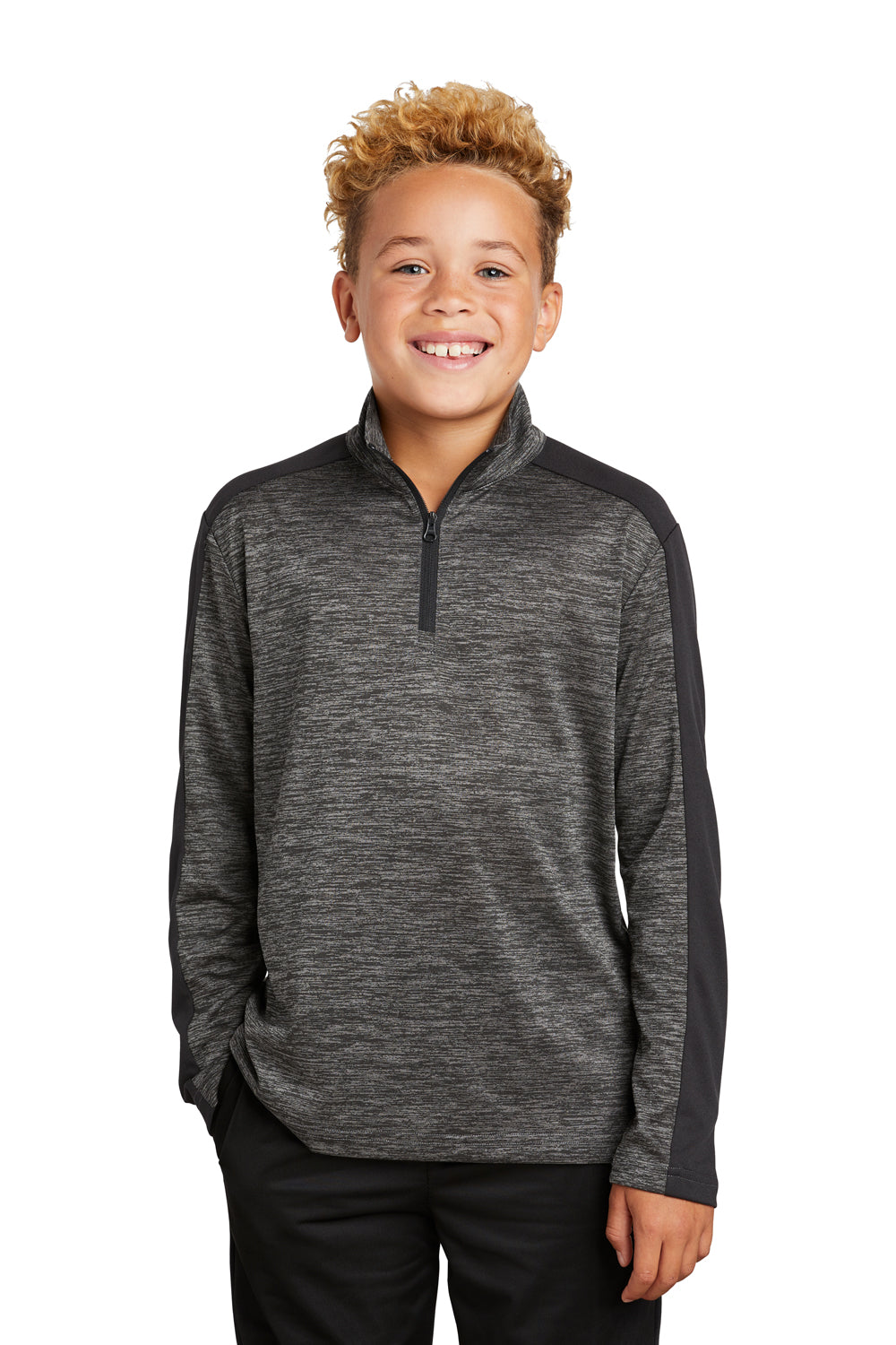 Sport-Tek YST397 Youth Electric Heather Moisture Wicking 1/4 Zip Sweatshirt Grey Black Electric/Black Model Front