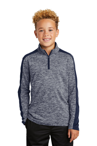 Sport-Tek YST397 Youth Electric Heather Moisture Wicking 1/4 Zip Sweatshirt True Navy Blue Electric/True Navy Blue Model Front