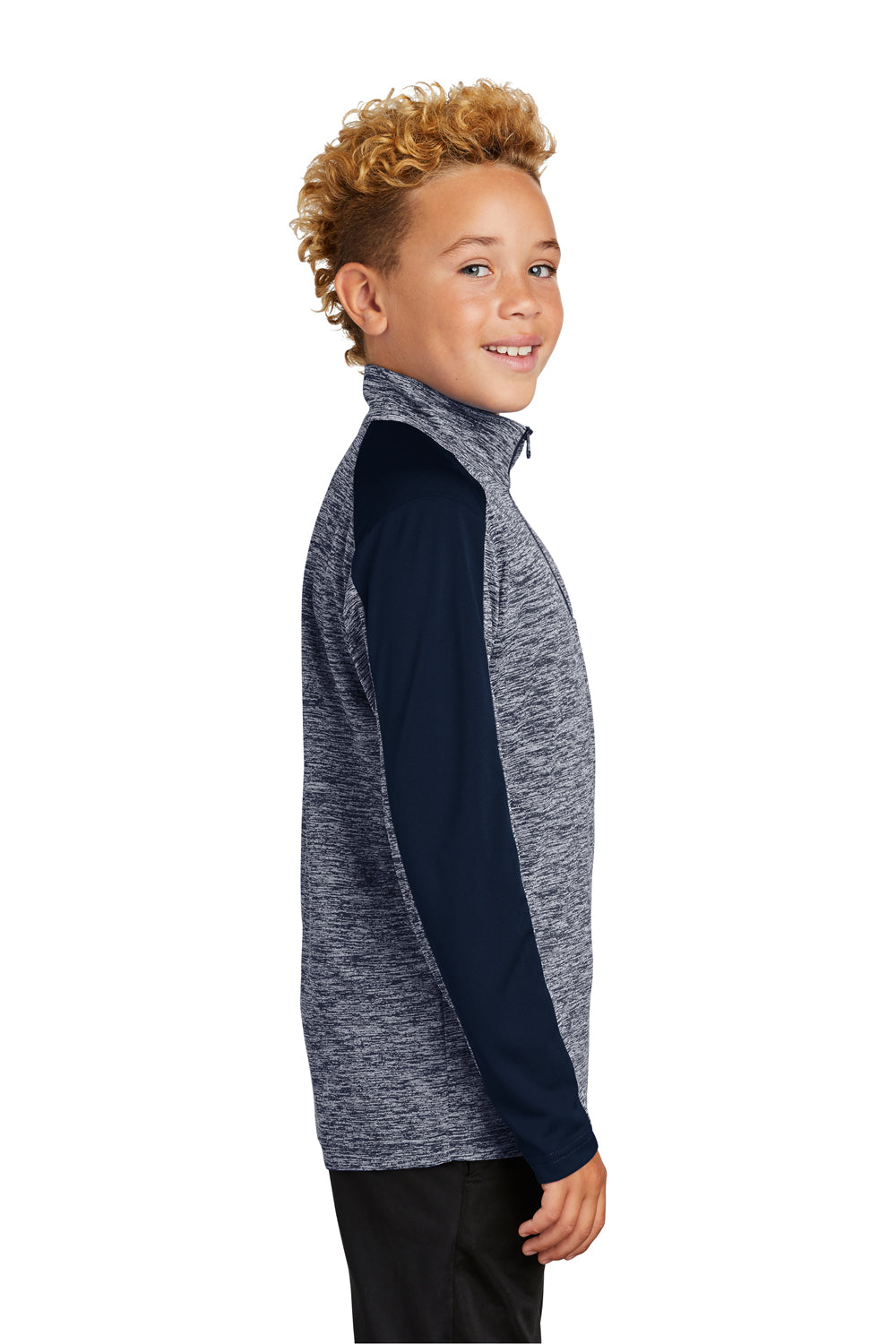 Sport-Tek YST397 Youth Electric Heather Moisture Wicking 1/4 Zip Sweatshirt True Navy Blue Electric/True Navy Blue Model Side