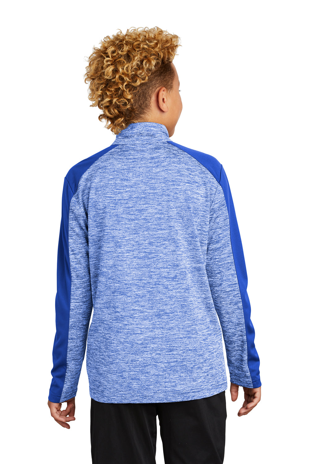 Sport-Tek YST397 Youth Electric Heather Moisture Wicking 1/4 Zip Sweatshirt True Royal Blue Electric/True Royal Blue Model Back