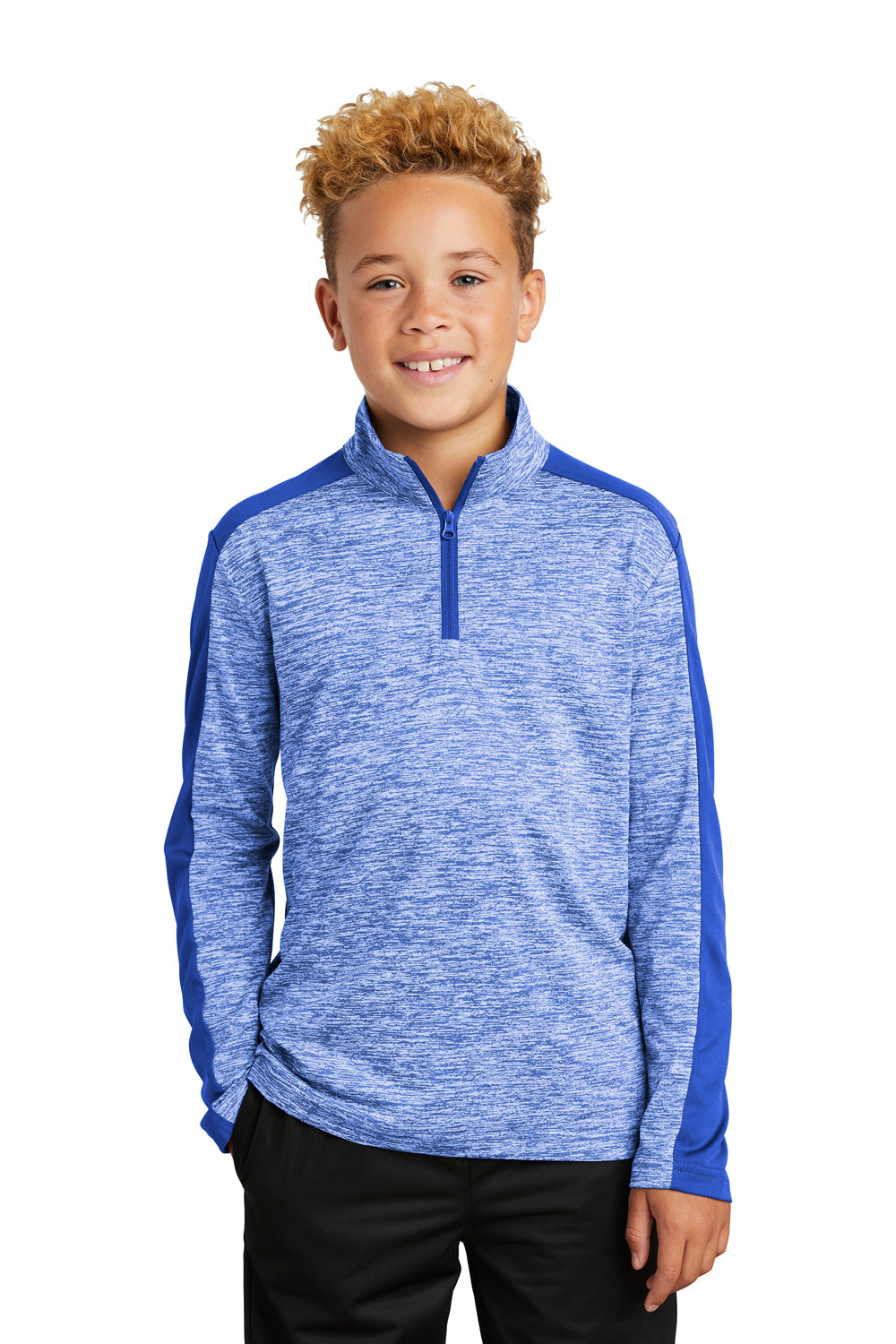 Sport-Tek YST397 Youth Electric Heather Moisture Wicking 1/4 Zip Sweatshirt True Royal Blue Electric/True Royal Blue Model Front