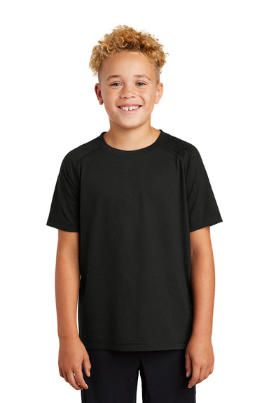 Sport-Tek YST400 Youth Moisture Wicking Short Sleeve Crewneck T-Shirt Heather Black Model Front