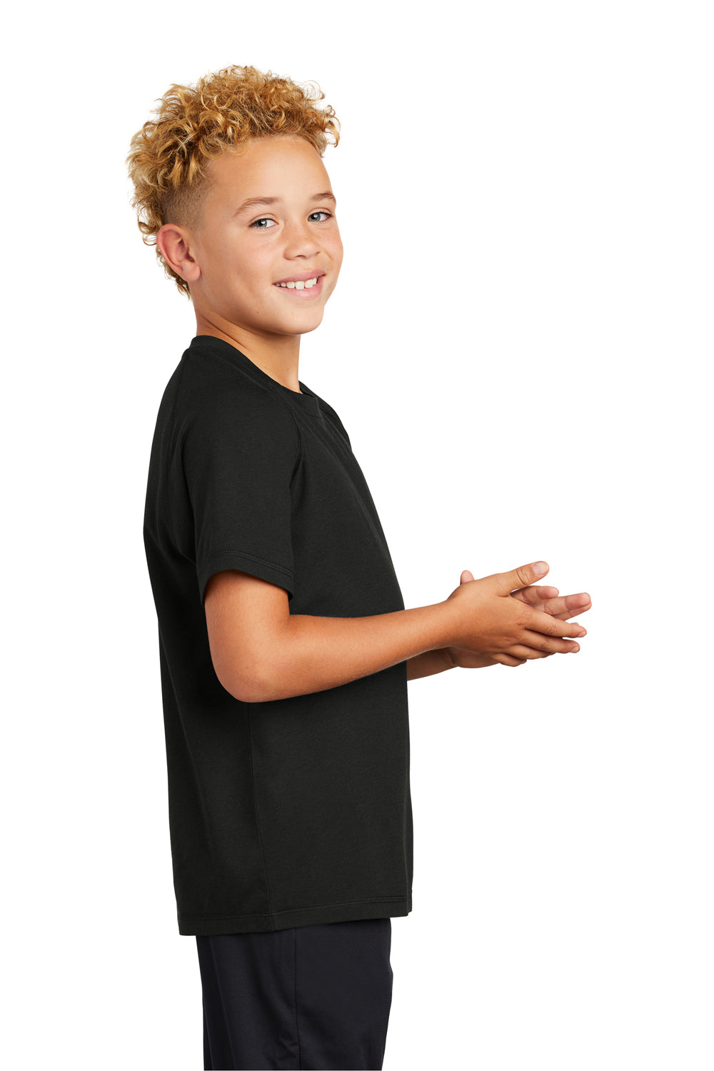 Sport-Tek YST400 Youth Moisture Wicking Short Sleeve Crewneck T-Shirt Heather Black Model Side