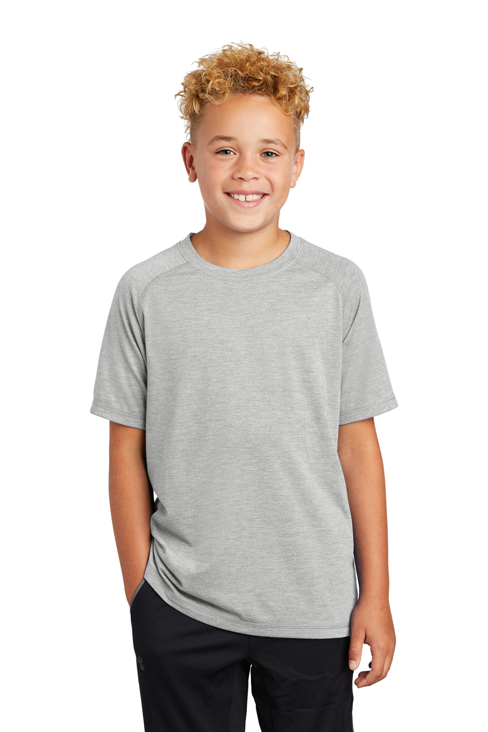 Sport-Tek YST400 Youth Moisture Wicking Short Sleeve Crewneck T-Shirt Heather Light Grey Model Front