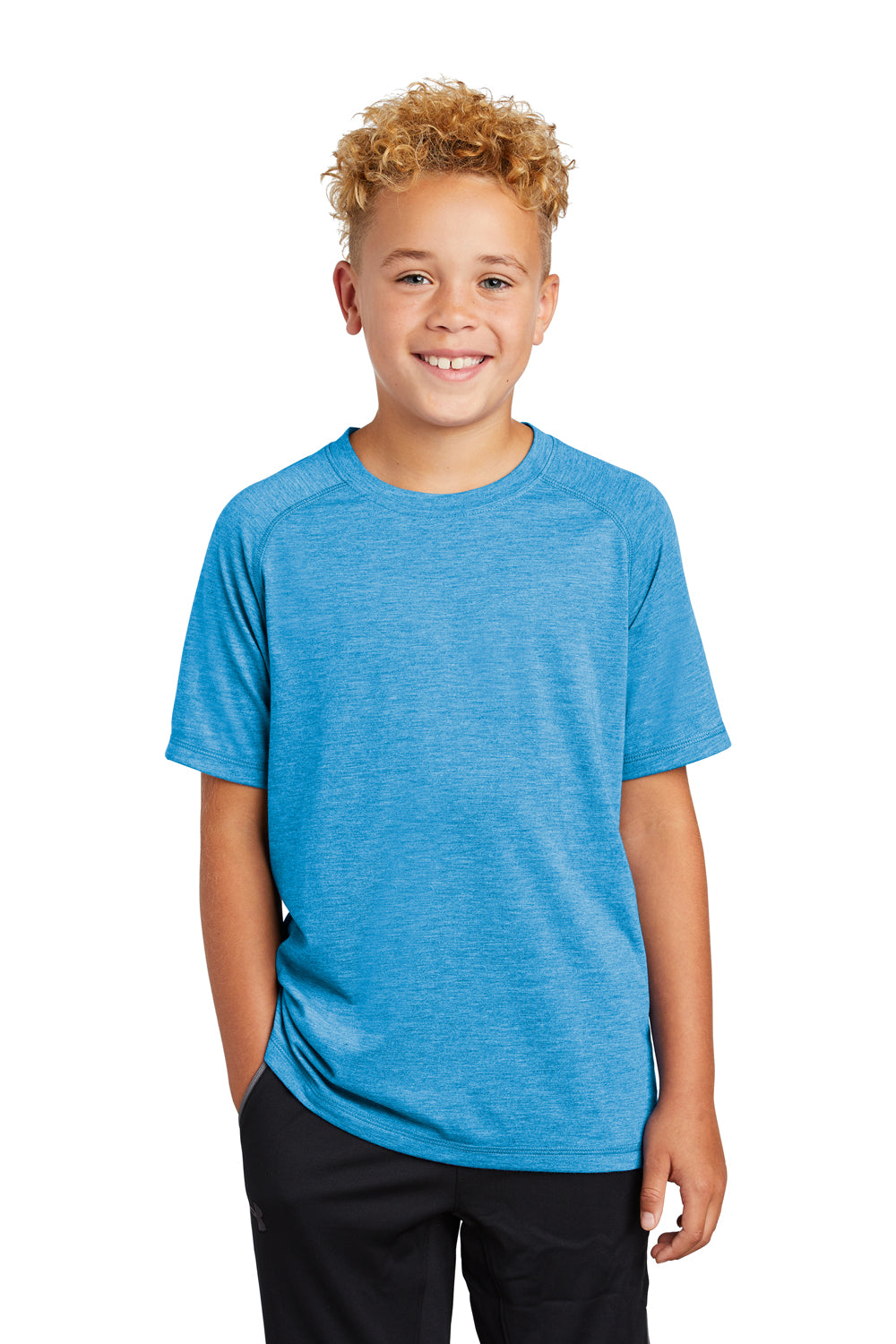 Sport-Tek YST400 Youth Moisture Wicking Short Sleeve Crewneck T-Shirt Heather Pond Blue Model Front