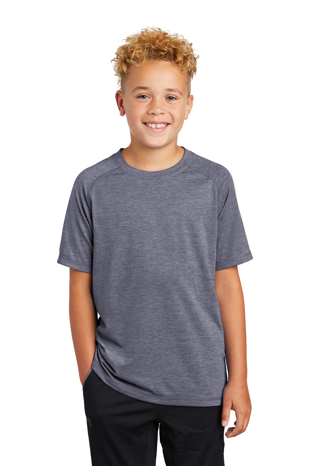 Sport-Tek YST400 Youth Moisture Wicking Short Sleeve Crewneck T-Shirt Heather True Navy Blue Model Front