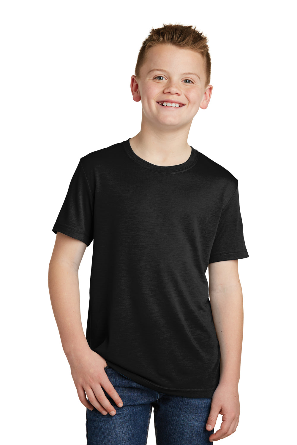 Sport-Tek YST450 Youth Competitor Moisture Wicking Short Sleeve Crewneck T-Shirt Black Model Front