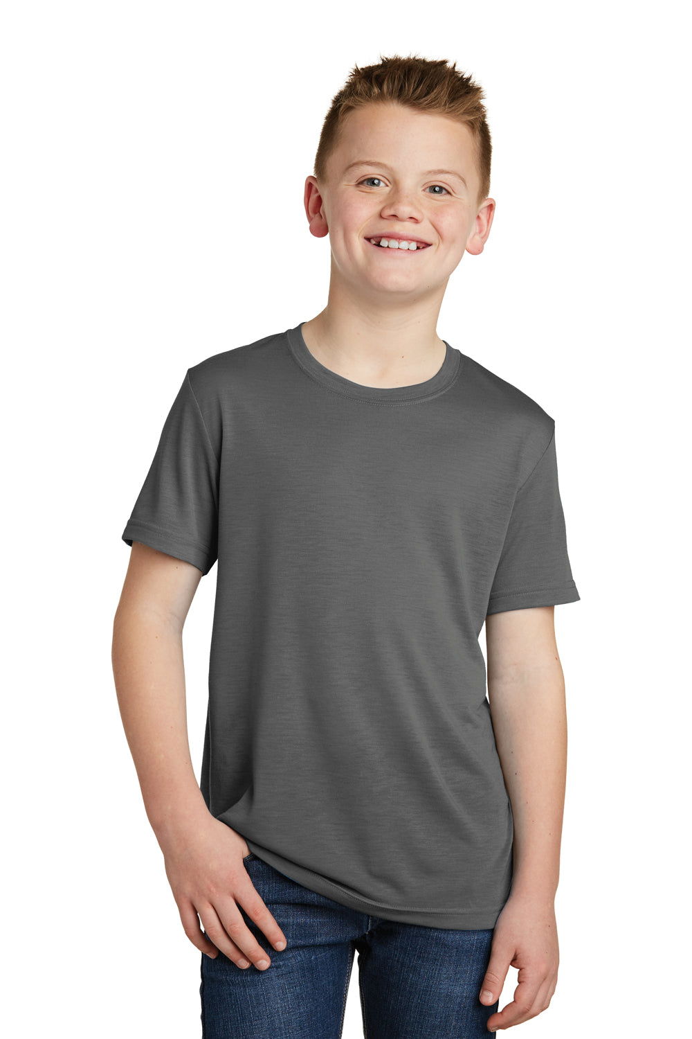 Sport-Tek YST450 Youth Competitor Moisture Wicking Short Sleeve Crewneck T-Shirt Dark Smoke Grey Model Front