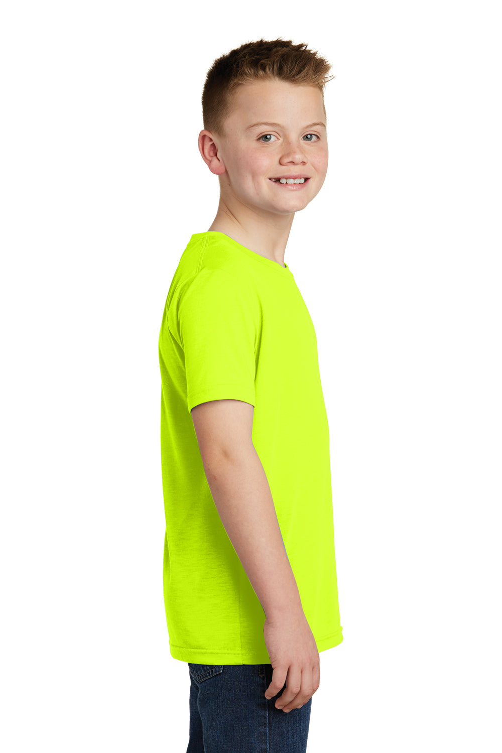 Sport-Tek YST450 Youth Competitor Moisture Wicking Short Sleeve Crewneck T-Shirt Neon Yellow Model Side