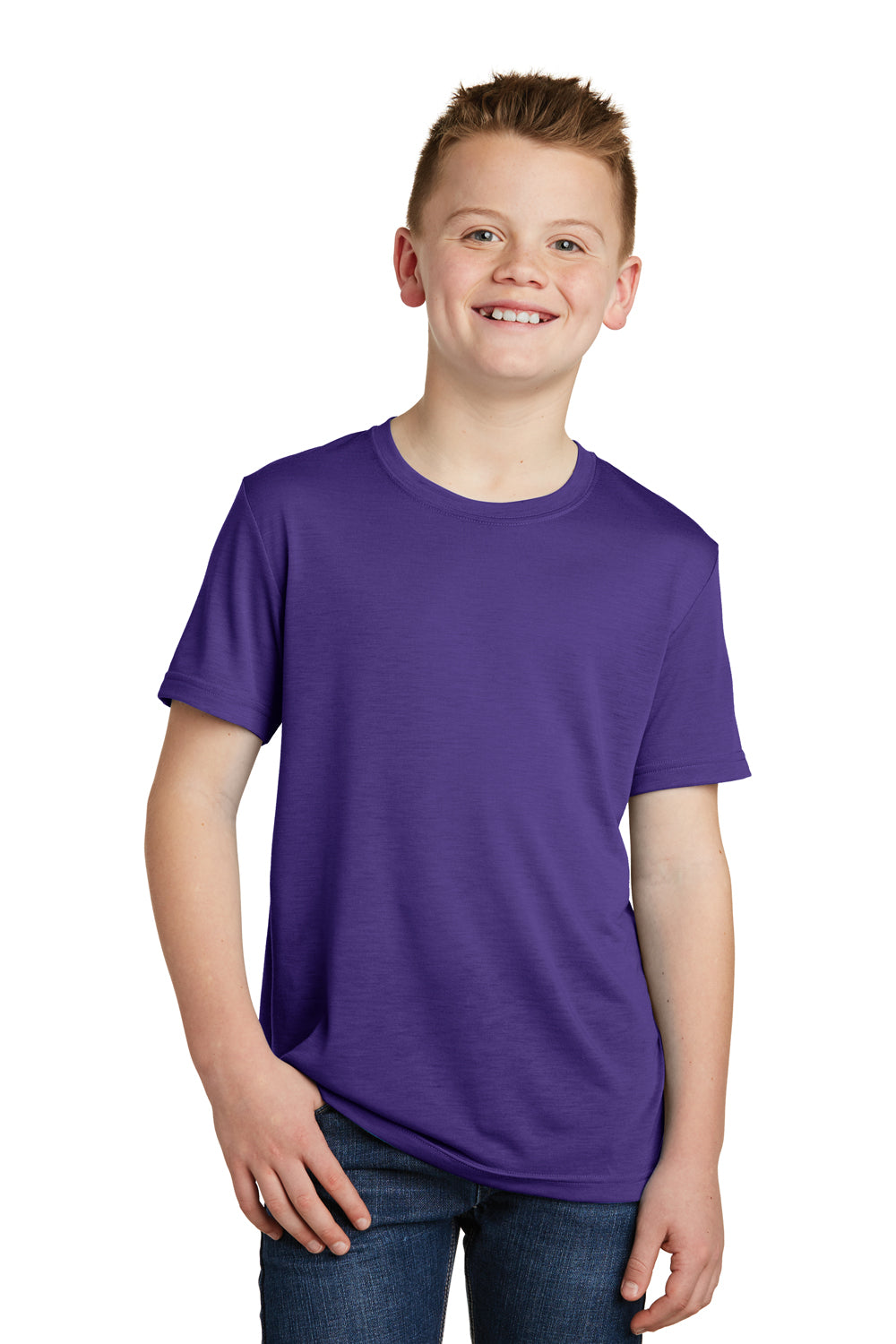 Sport-Tek YST450 Youth Competitor Moisture Wicking Short Sleeve Crewneck T-Shirt Purple Model Front