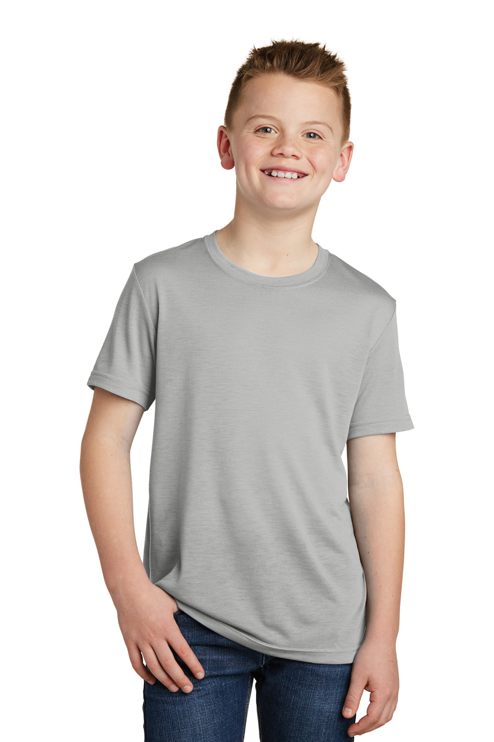 Sport-Tek YST450 Youth Competitor Moisture Wicking Short Sleeve Crewneck T-Shirt Silver Grey Model Front