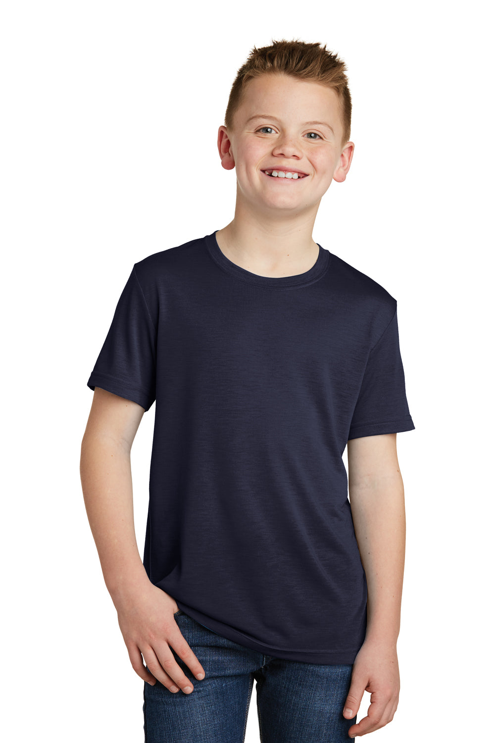 Sport-Tek YST450 Youth Competitor Moisture Wicking Short Sleeve Crewneck T-Shirt True Navy Blue Model Front