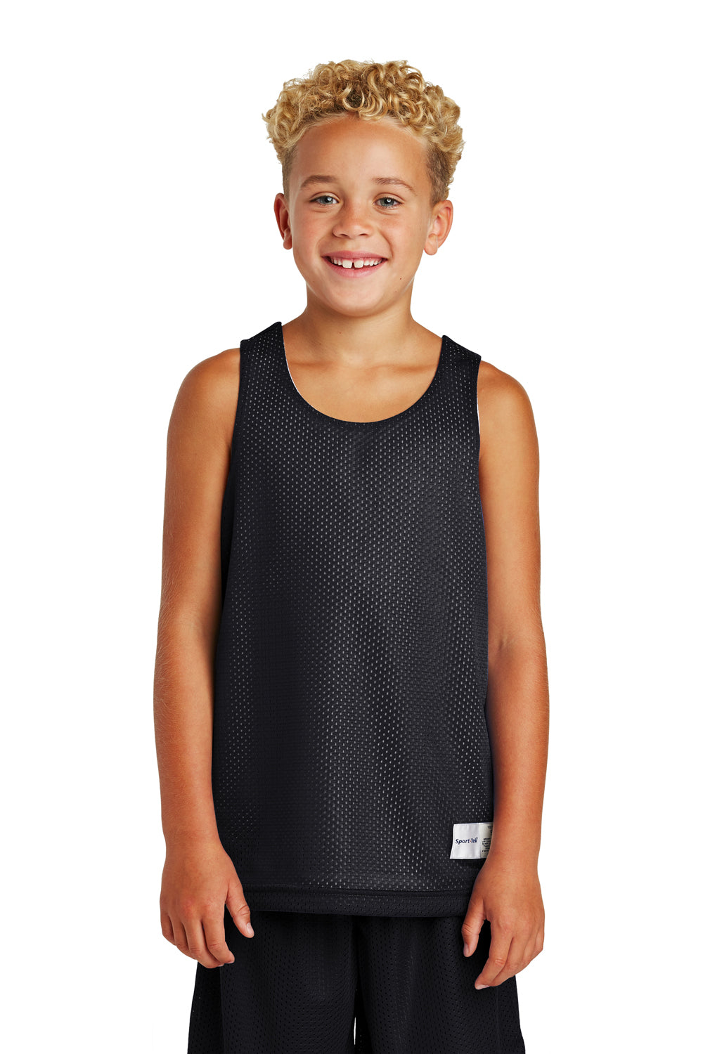 Sport-Tek YST500 Youth Reversible Mesh Moisture Wicking Tank Top Black Model Front