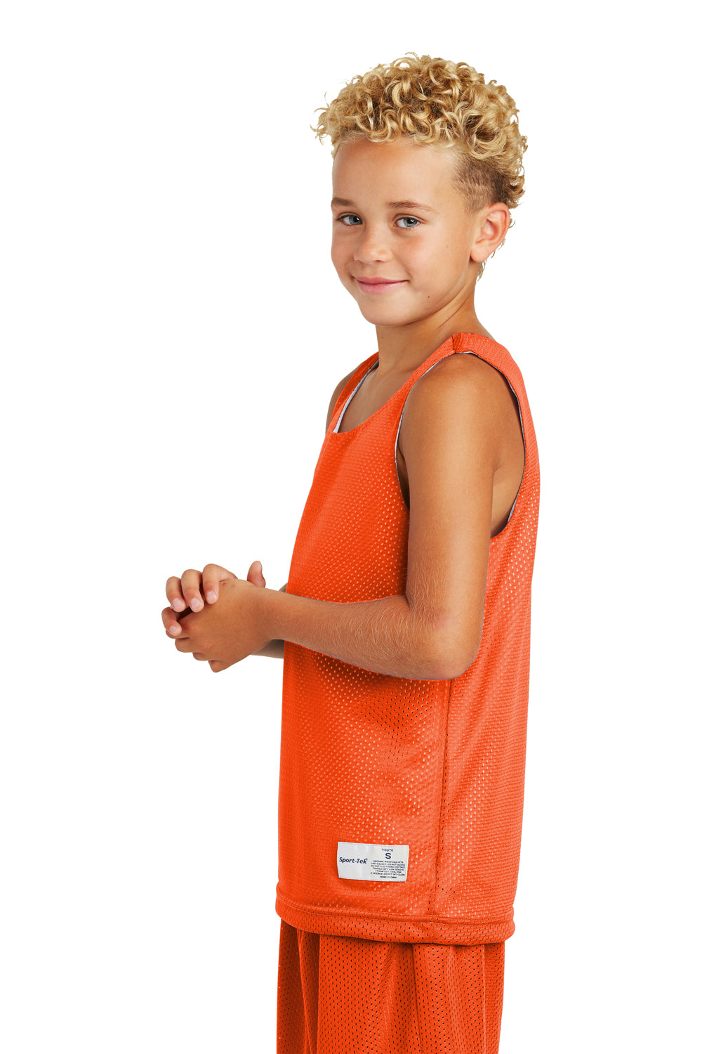 Sport-Tek YST500 Youth Reversible Mesh Moisture Wicking Tank Top Deep Orange Model Side