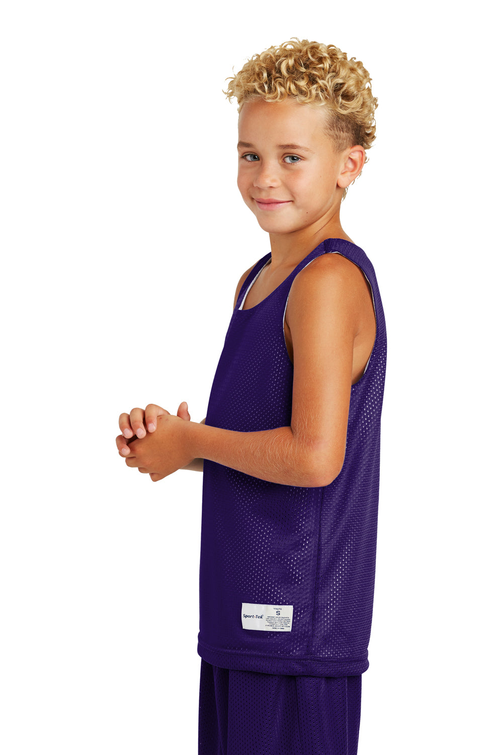 Sport-Tek YST500 Youth Reversible Mesh Moisture Wicking Tank Top Purple Model Side