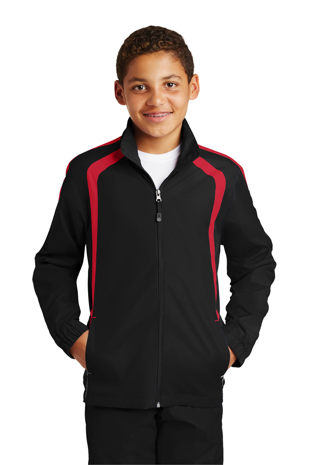 Sport-Tek YST60 Youth Water Resistant Full Zip Jacket Black/True Red Model Front