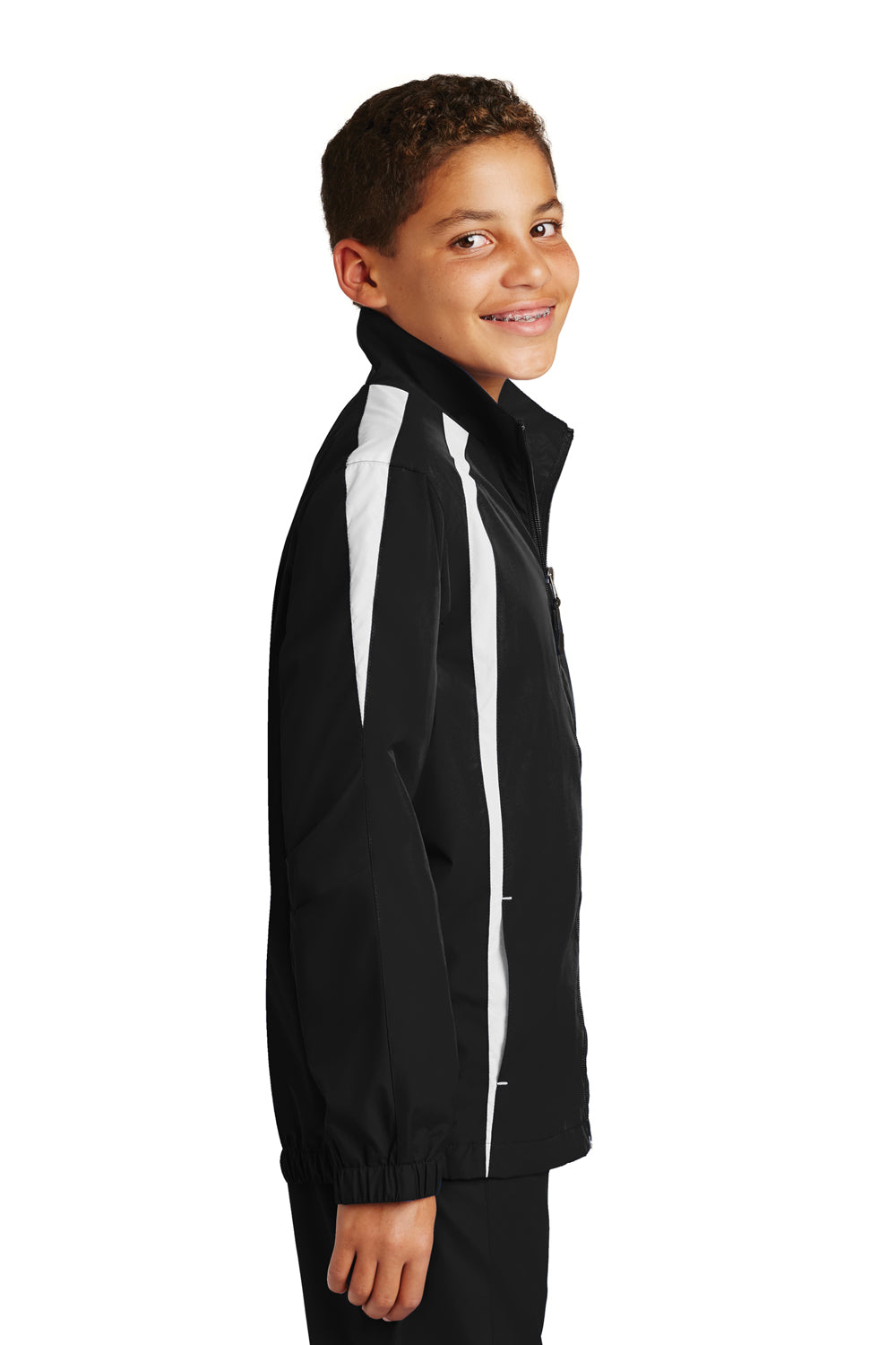 Sport-Tek YST60 Youth Water Resistant Full Zip Jacket Black/White Model Side