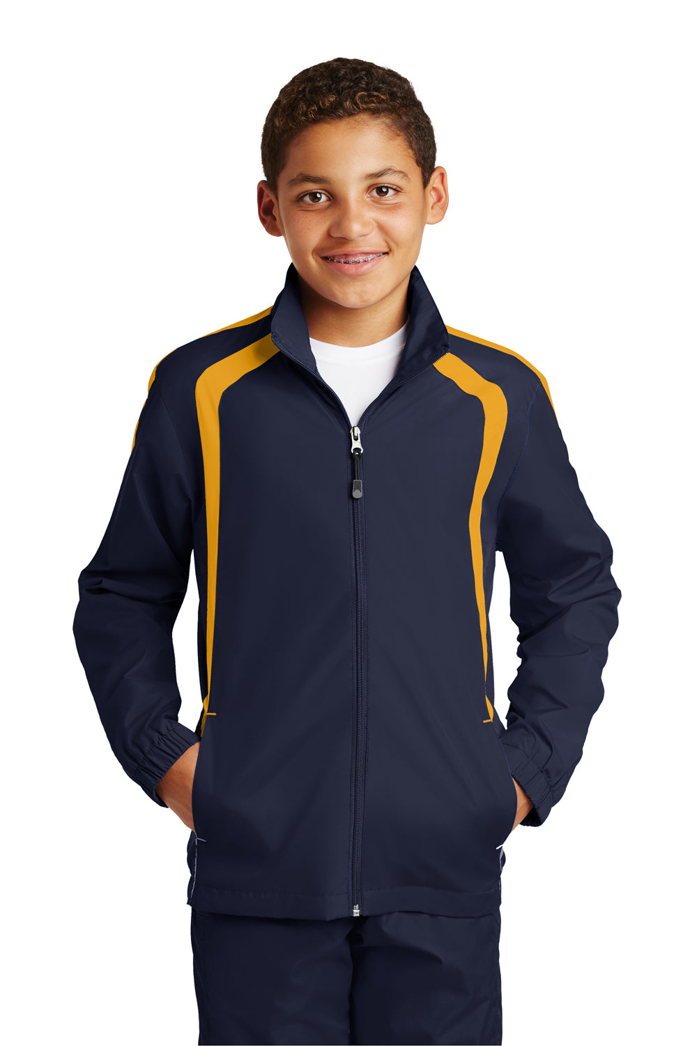 Sport-Tek YST60 Youth Water Resistant Full Zip Jacket True Navy Blue/Gold Model Front