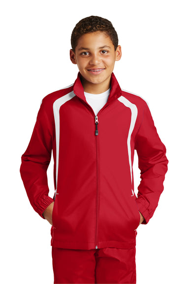 Sport-Tek YST60 Youth Water Resistant Full Zip Jacket True Red/White Model Front