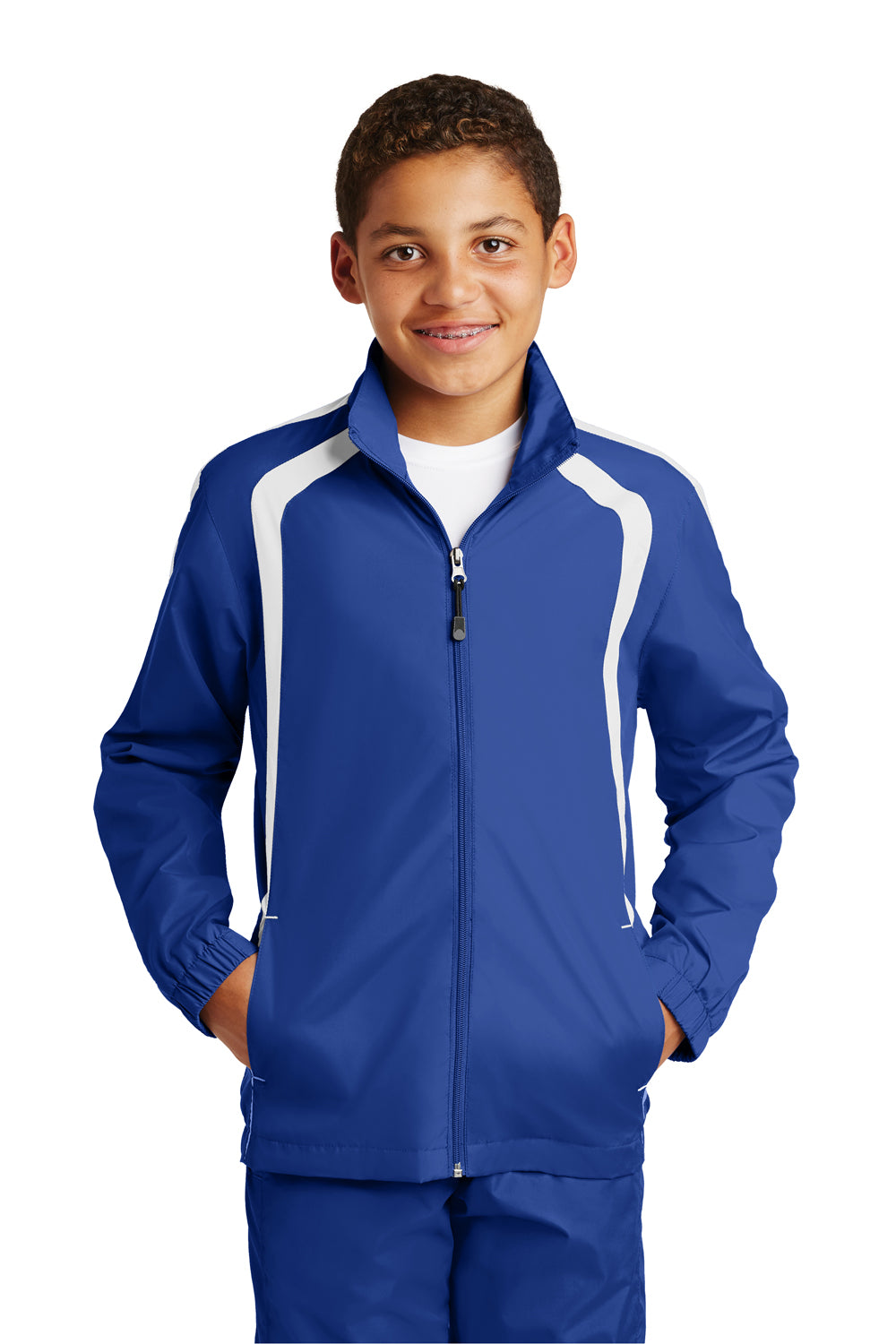 Sport-Tek YST60 Youth Water Resistant Full Zip Jacket True Royal Blue/White Model Front