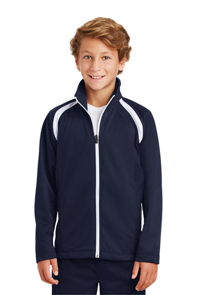 Sport-Tek YST90 Youth Full Zip Track Jacket True Navy Blue/White Model Front