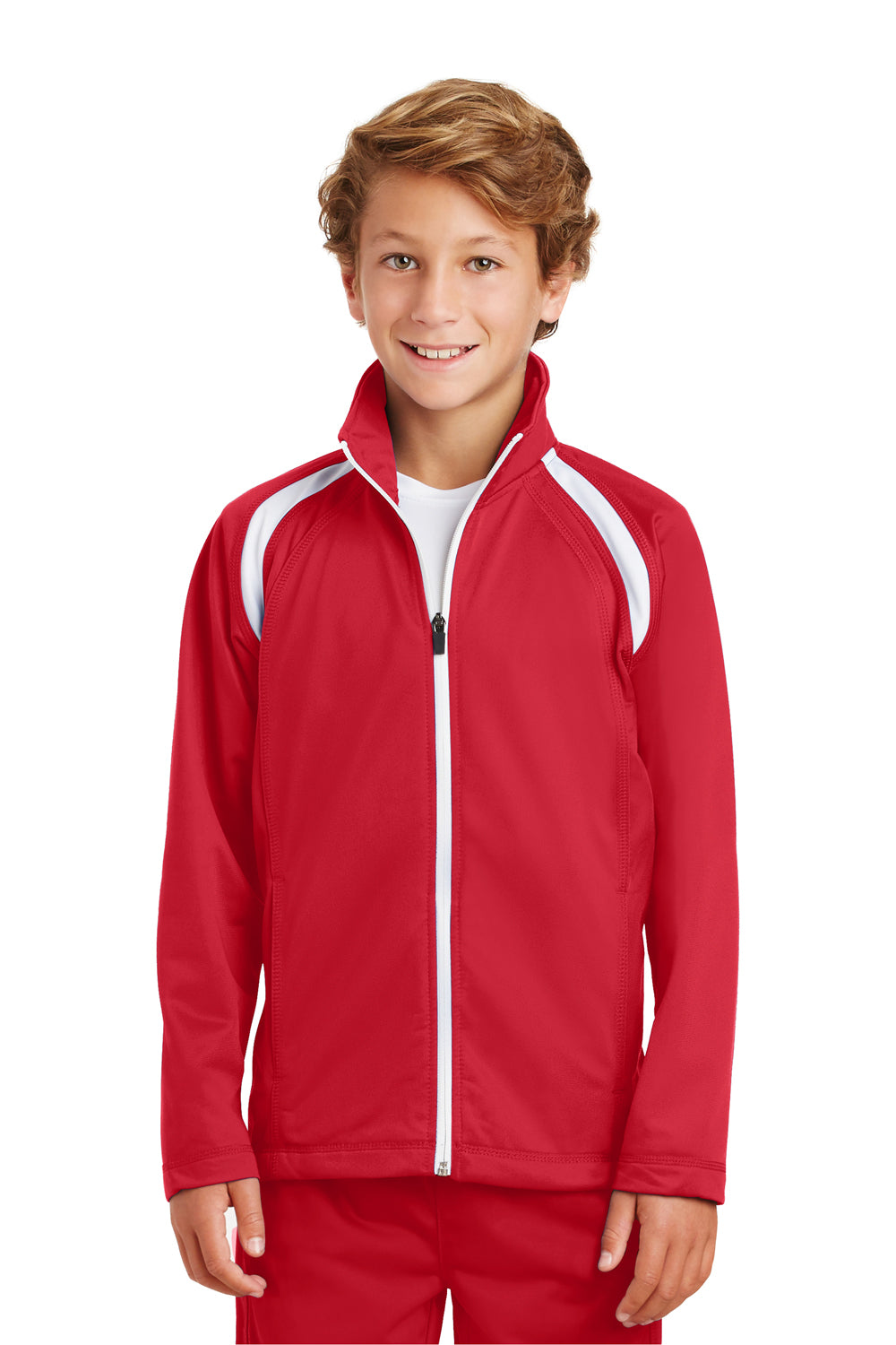 Sport-Tek YST90 Youth Full Zip Track Jacket True Red/White Model Front