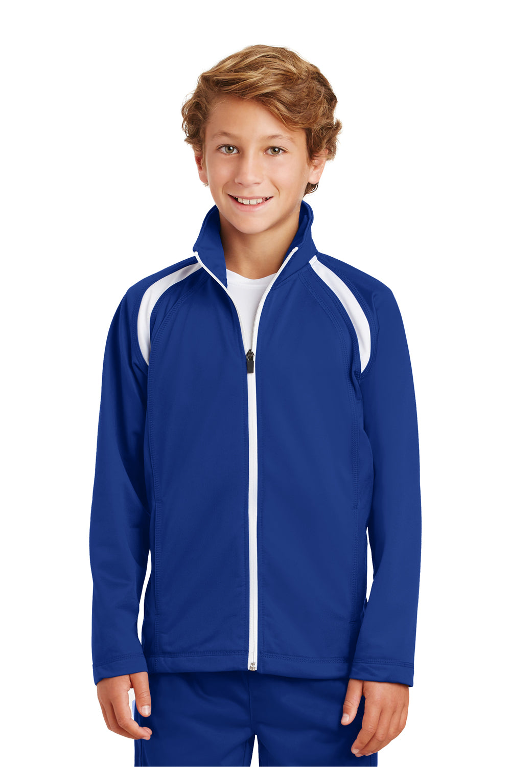 Sport-Tek YST90 Youth Full Zip Track Jacket True Royal Blue/White Model Front