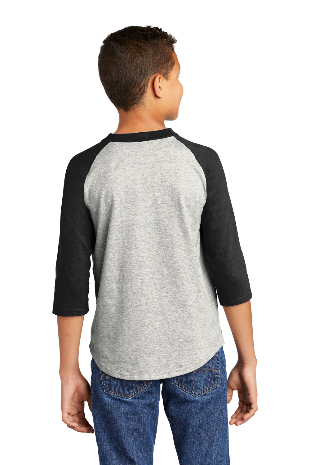 Sport-Tek YT200 Youth 3/4 Sleeve Crewneck T-Shirt Heather Grey/Black Model Back