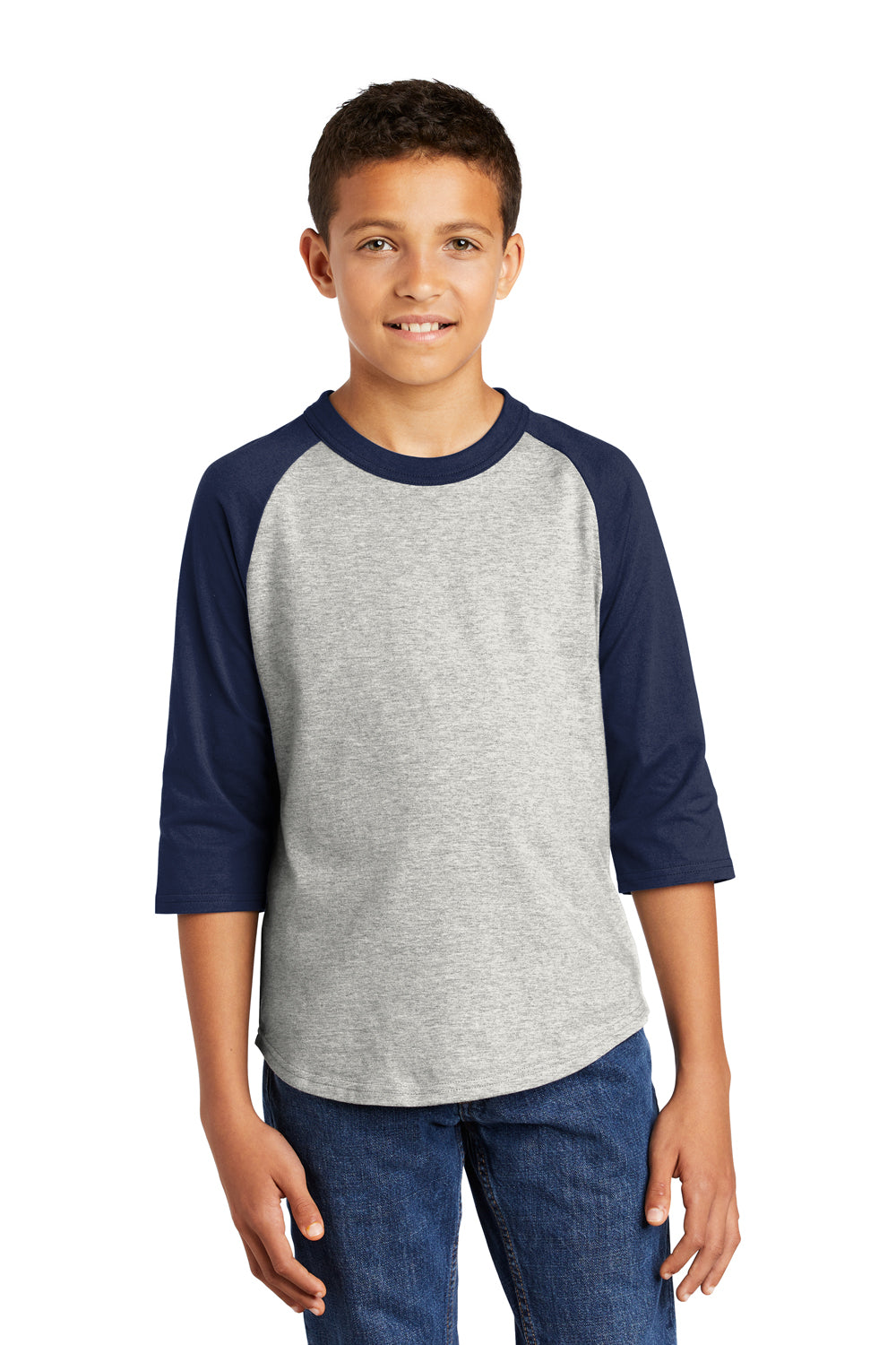 Sport-Tek YT200 Youth 3/4 Sleeve Crewneck T-Shirt Heather Grey/Navy Blue Model Front