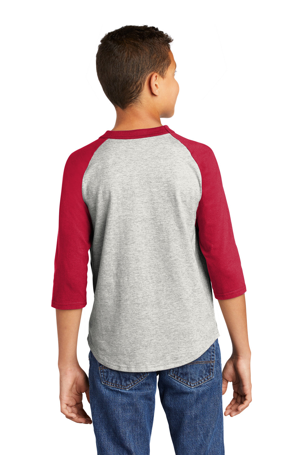 Sport-Tek YT200 Youth 3/4 Sleeve Crewneck T-Shirt Heather Grey/Red Model Back