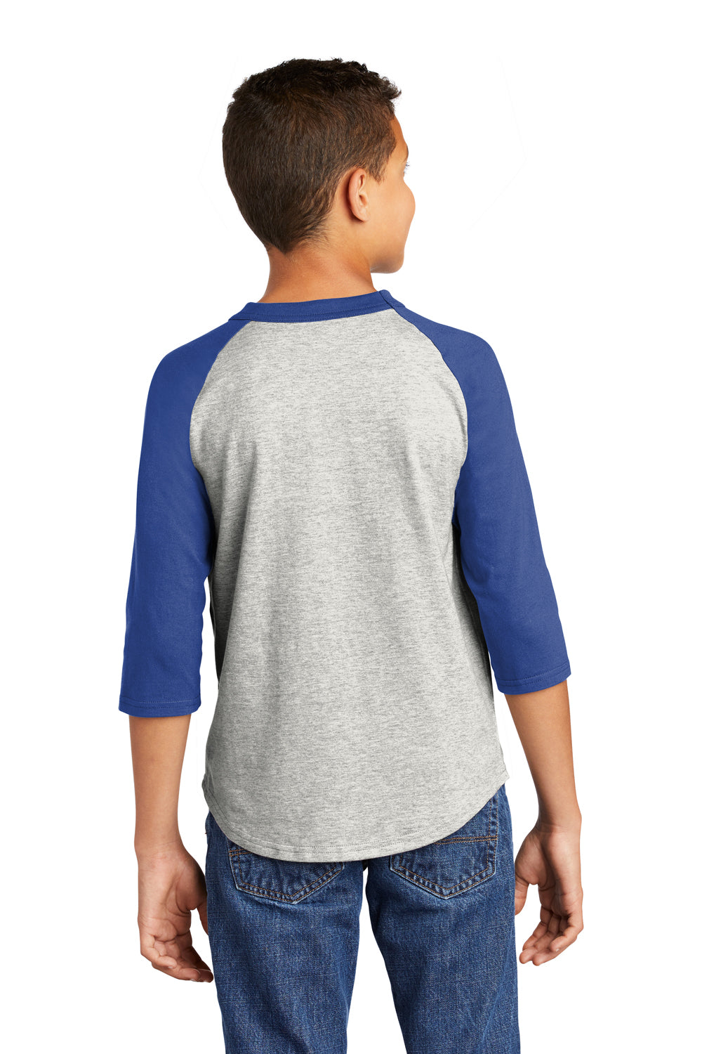 Sport-Tek YT200 Youth 3/4 Sleeve Crewneck T-Shirt Heather Grey/Royal Blue Model Back