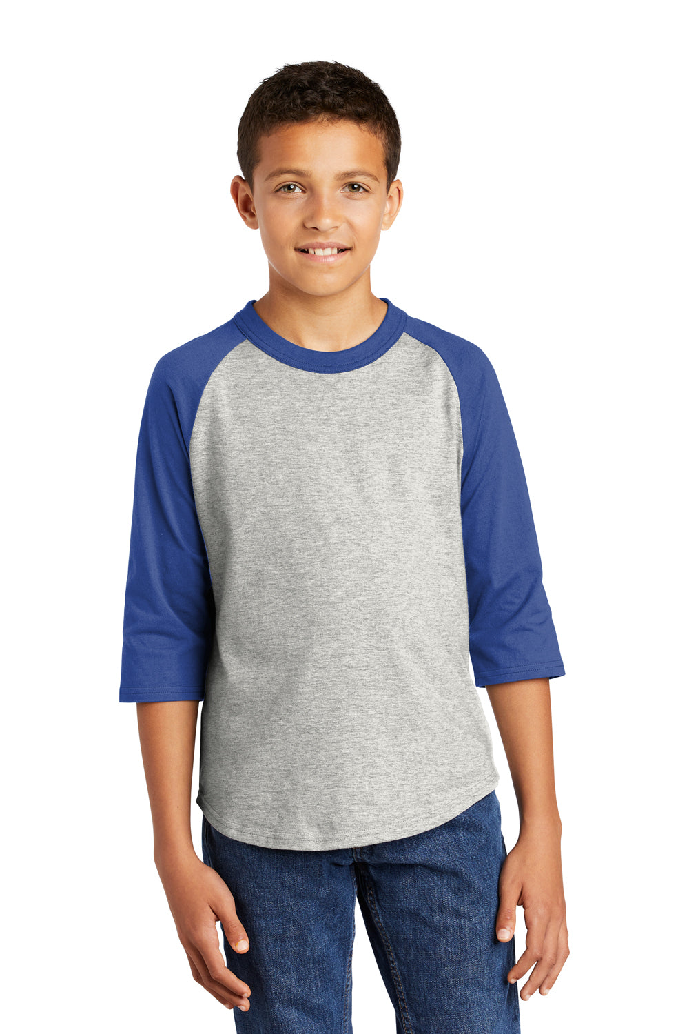 Sport-Tek YT200 Youth 3/4 Sleeve Crewneck T-Shirt Heather Grey/Royal Blue Model Front