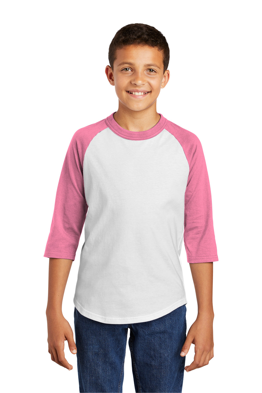 Sport-Tek YT200 Youth 3/4 Sleeve Crewneck T-Shirt White/Bright Pink Model Front