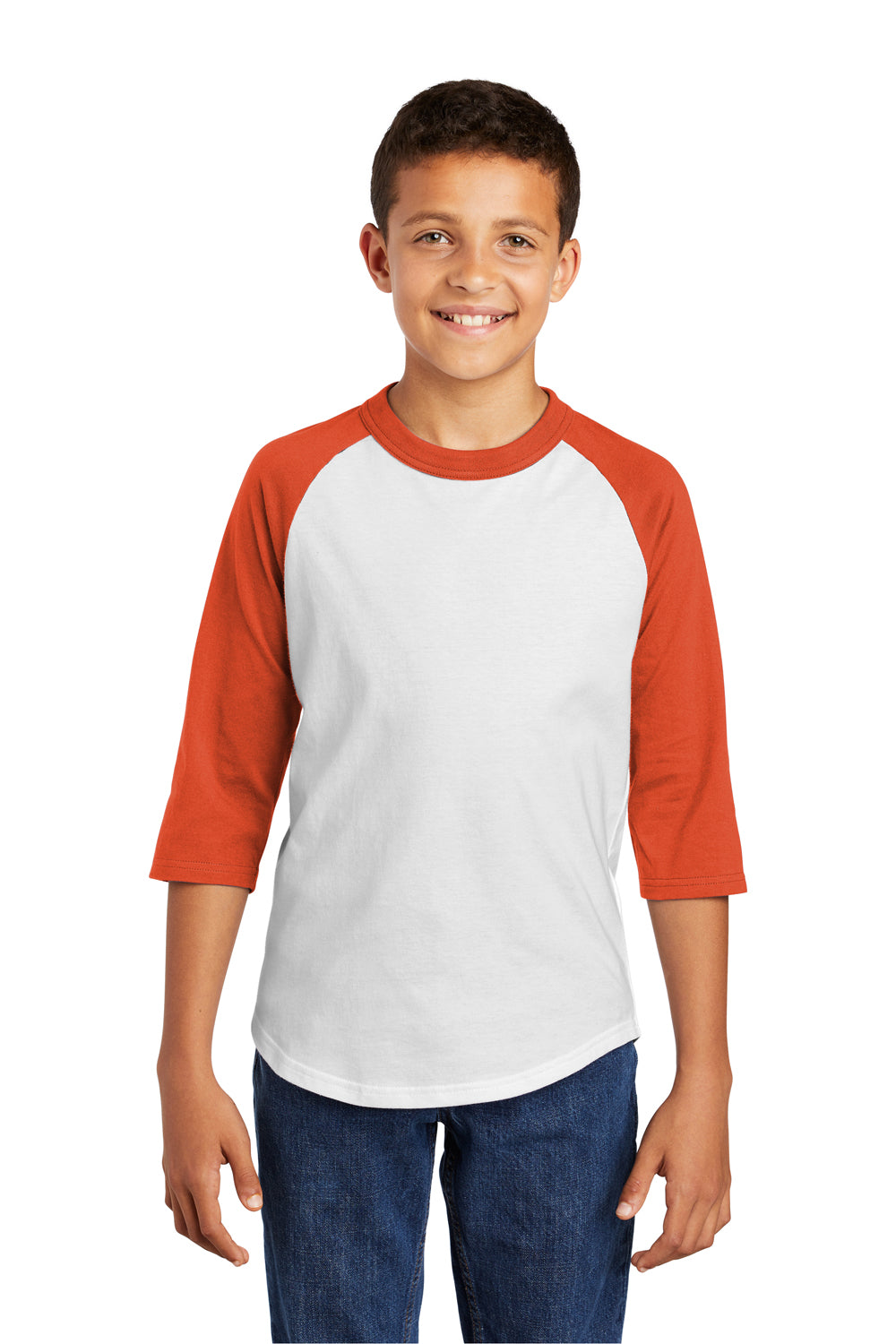 Sport-Tek YT200 Youth 3/4 Sleeve Crewneck T-Shirt White/Deep Orange Model Front