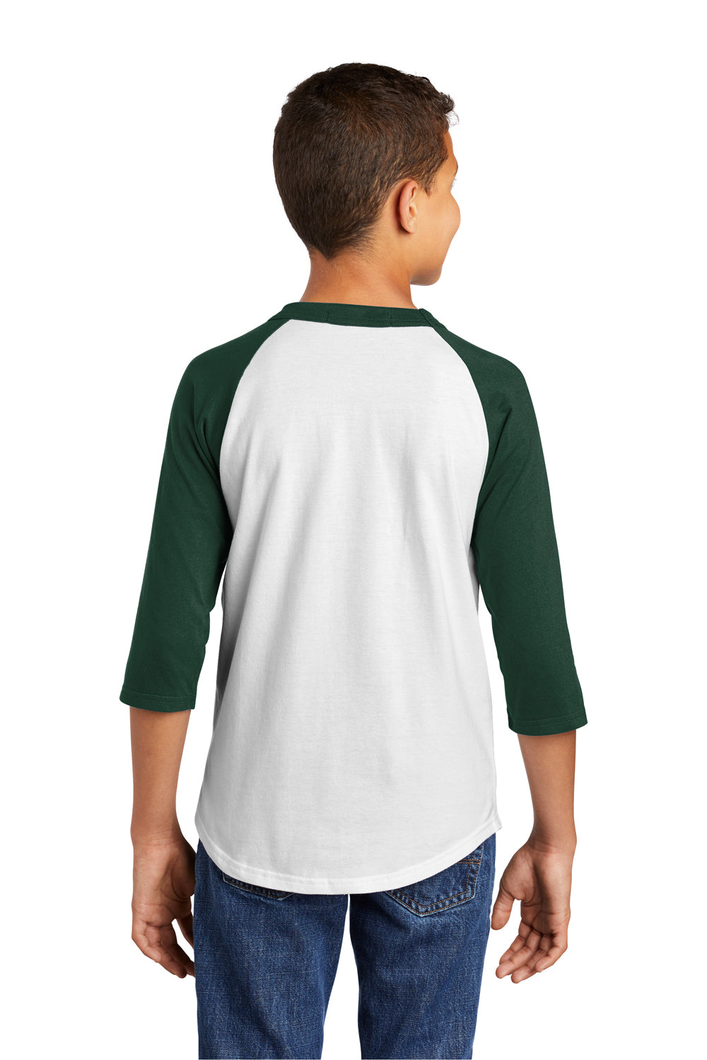 Sport-Tek YT200 Youth 3/4 Sleeve Crewneck T-Shirt White/Forest Green Model Back