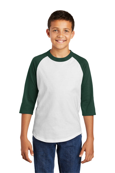 Sport-Tek YT200 Youth 3/4 Sleeve Crewneck T-Shirt White/Forest Green Model Front