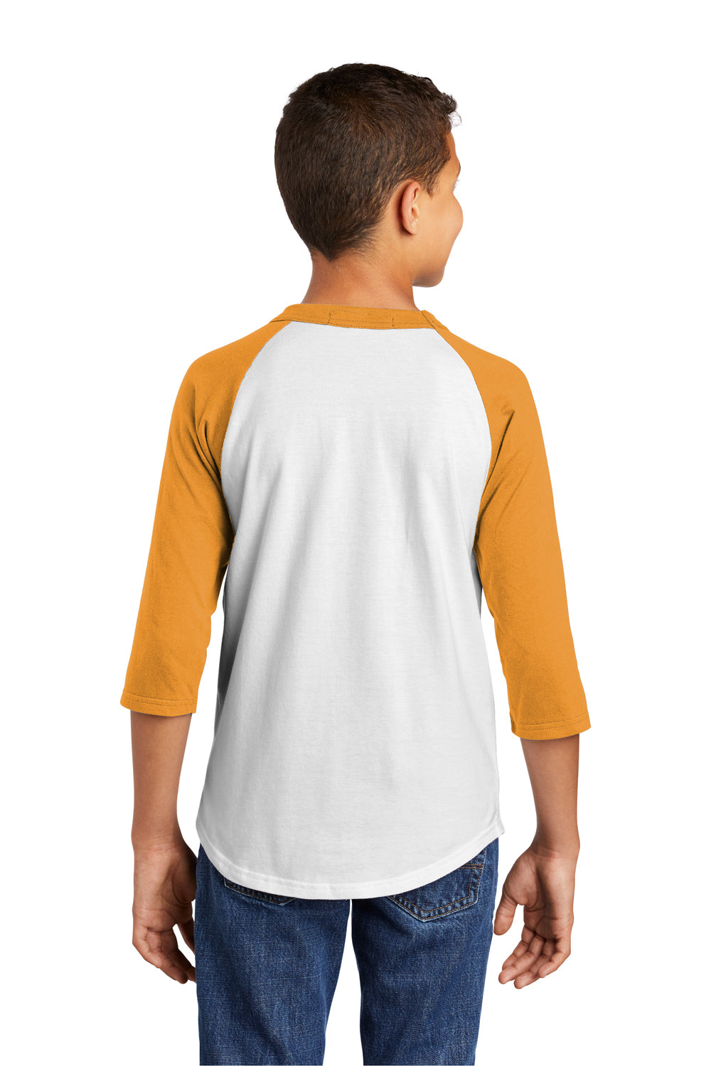 Sport-Tek YT200 Youth 3/4 Sleeve Crewneck T-Shirt White/Gold Model Back