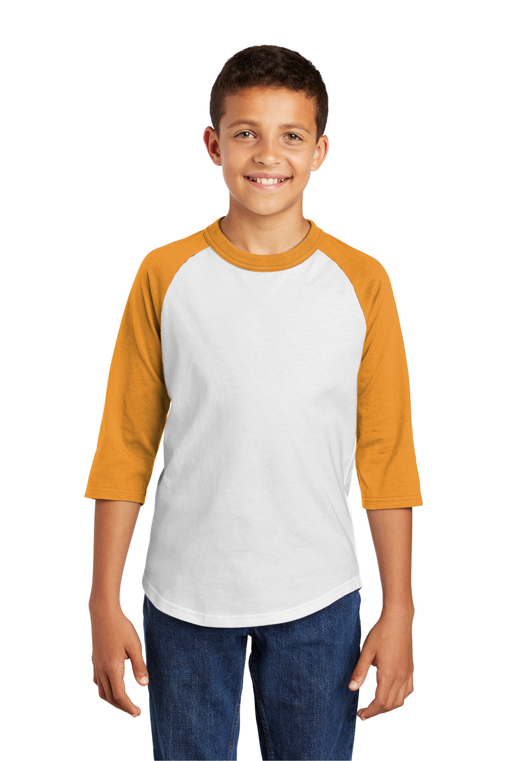 Sport-Tek YT200 Youth 3/4 Sleeve Crewneck T-Shirt White/Gold Model Front